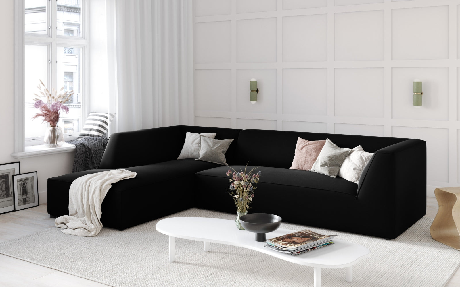 Entdecken Sie das elegante Ruby Velour Ecksofa links von Micadoni – ein 4-Sitzer, der Stil und Komfort in Ihr Zuhause bringt.