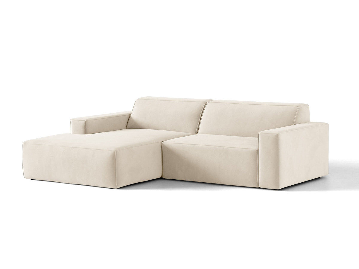 Modulares Ecksofa links Jodie mit Meridienne, Stoffbezug und schwarzen Beinen