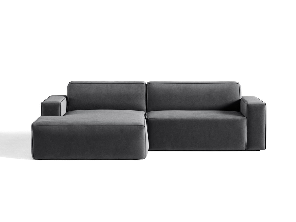 Modulares Ecksofa links Jodie mit Meridienne, Stoffbezug und schwarzen Beinen
