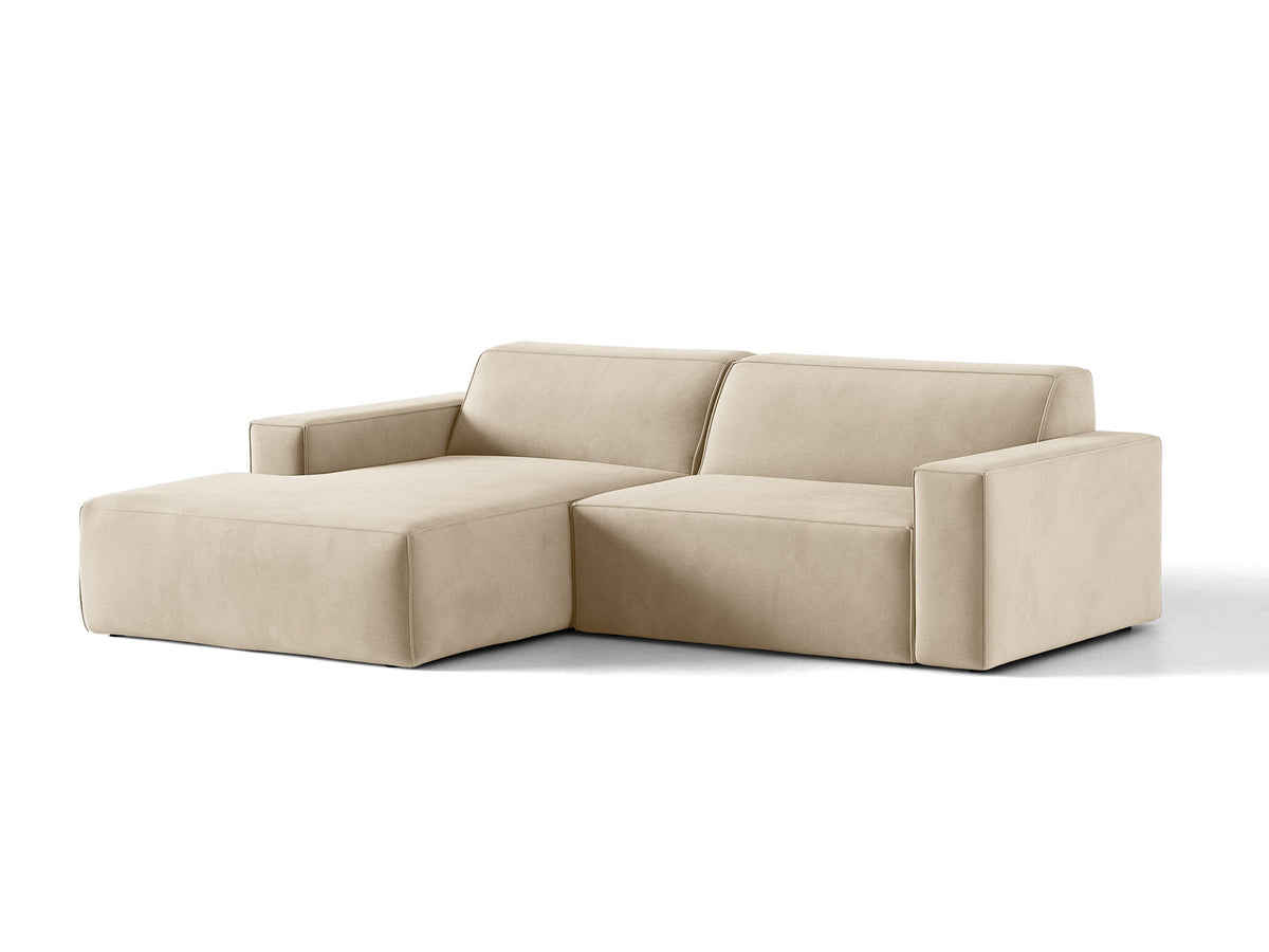 Modulares Ecksofa links Jodie mit Meridienne, Stoffbezug und schwarzen Beinen