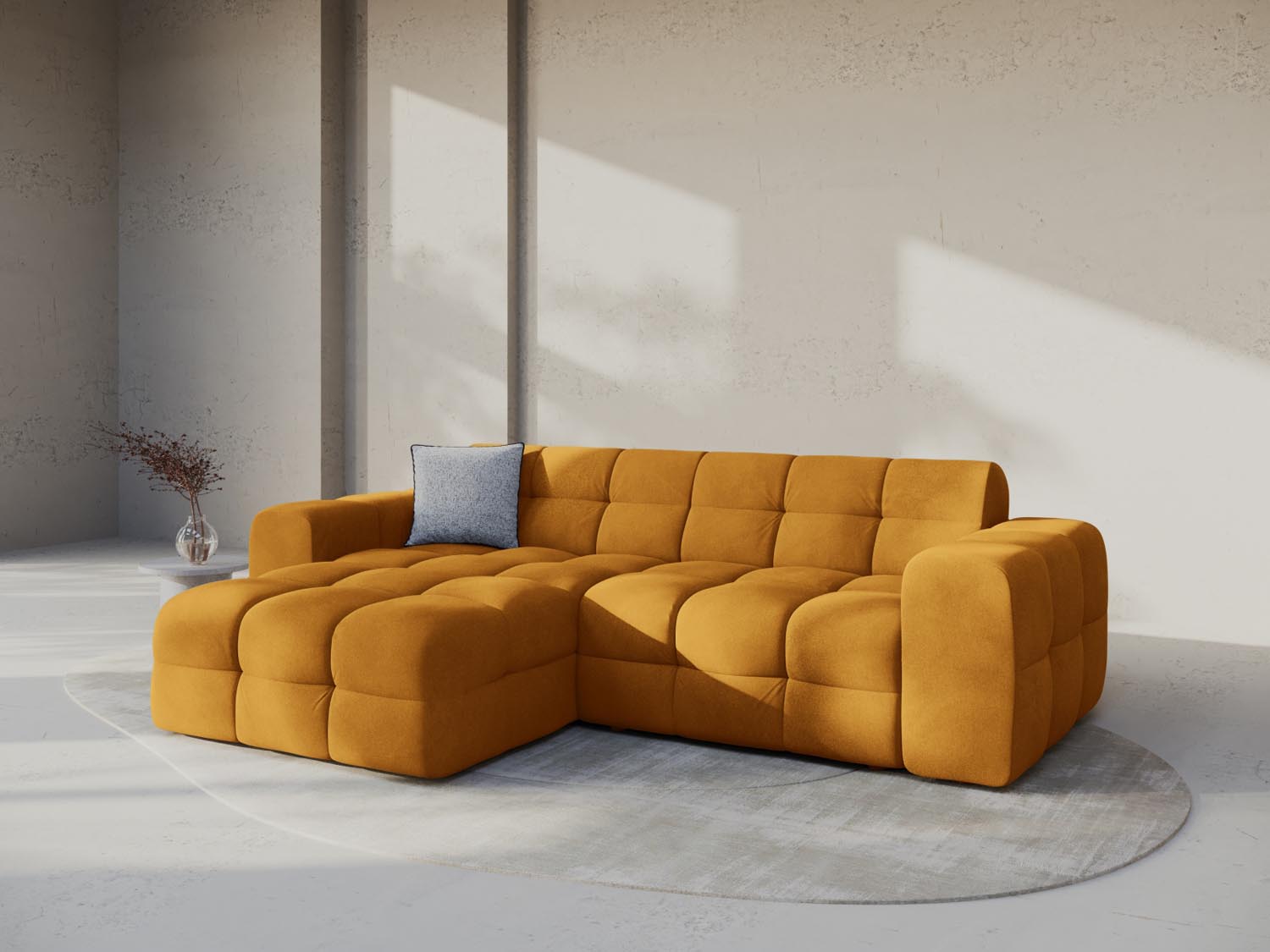Erleben Sie das Kendal Velour links Ecksofa 4 Sitzer von Micadoni – elegantes Design, grosszügige Sitzfläche und optimalen Komfort für Ihr Wohnzimmer.