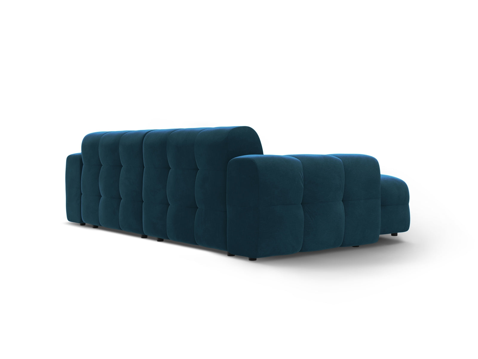 Elegantes Kendal Velour Ecksofa in stilvollem Blau, ideal für großzügige Wohnräume. Komfortables 4-Sitzer Design von Micadoni.