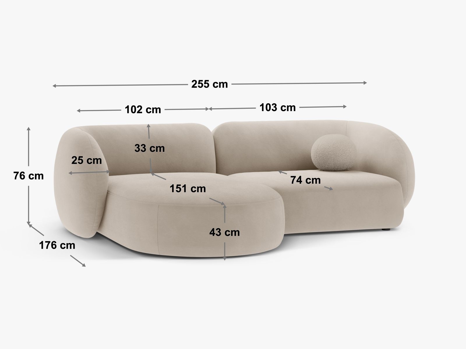 Elegantes 2-Sitzer Ecksofa links Kate in sanftem Beige Melange, perfekt für stilvolle Wohnzimmer und gemütliche Entspannung.