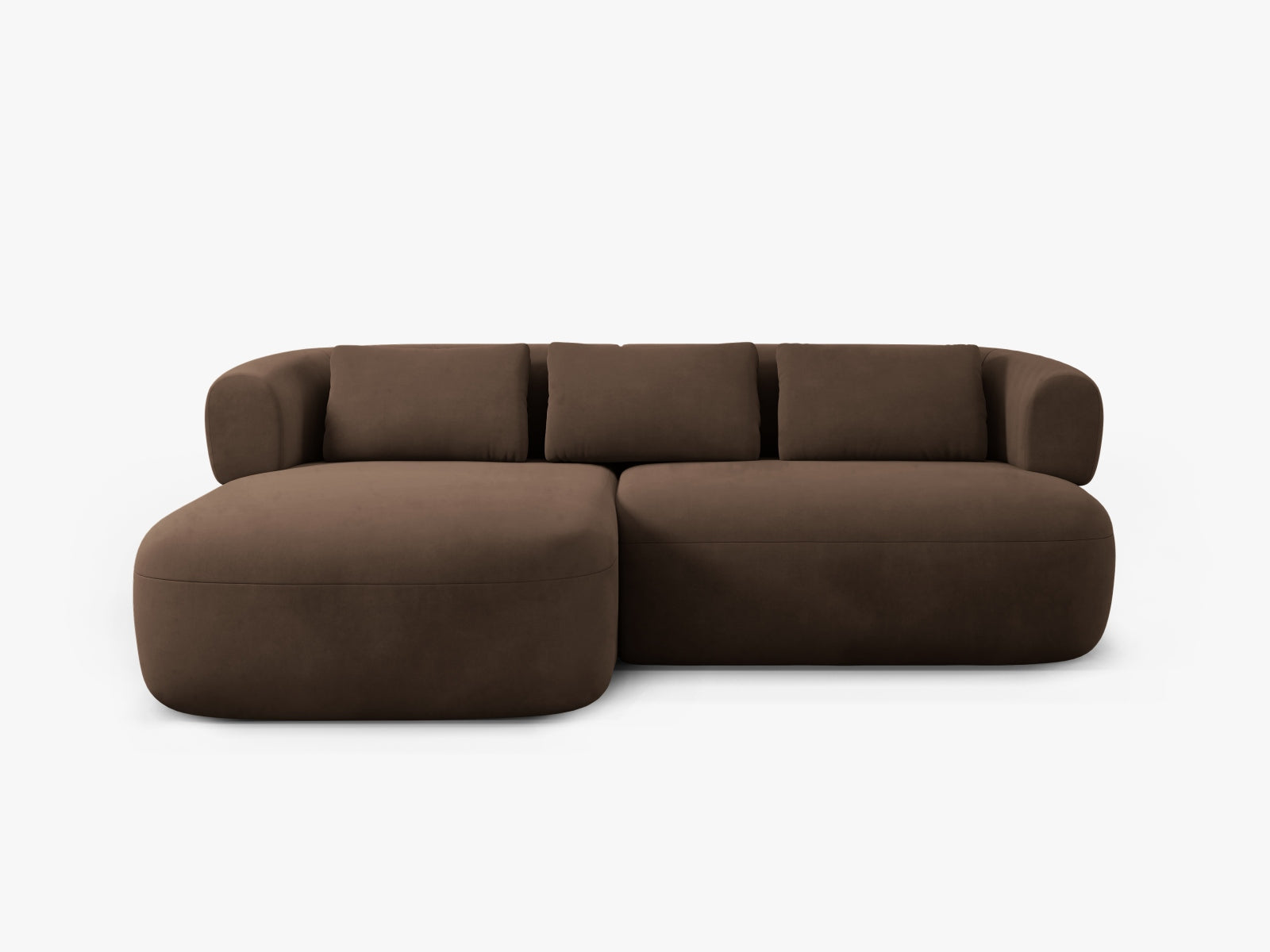 Elegantes 5-Sitzer Ecksofa Jenny aus weichem Velours, linksseitig, in luxuriösem Chocolate-Salvador, ideal für stilvolle Wohnräume.