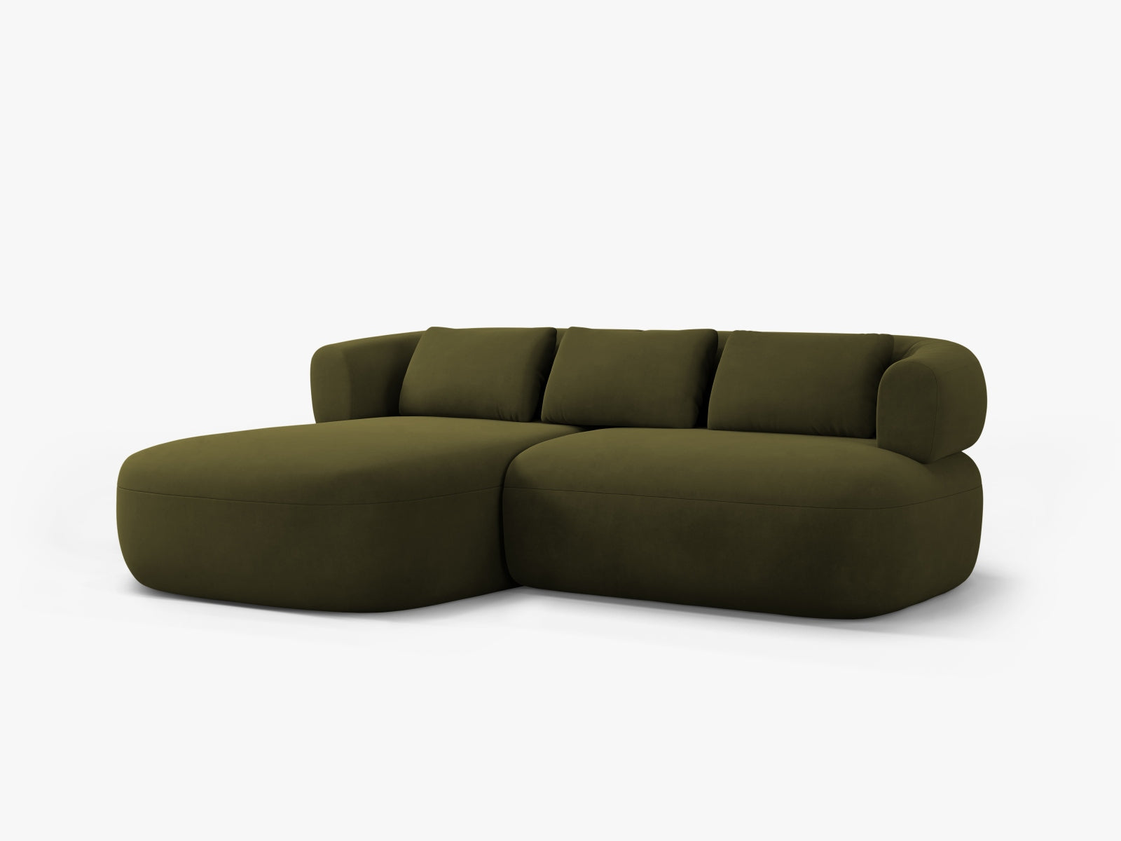 Stylisches 5-Sitzer Ecksofa Jenny in weichem Velours, linksseitig, in trendigem Grünton, perfekt für stilvolle und einladende Wohnbereiche.