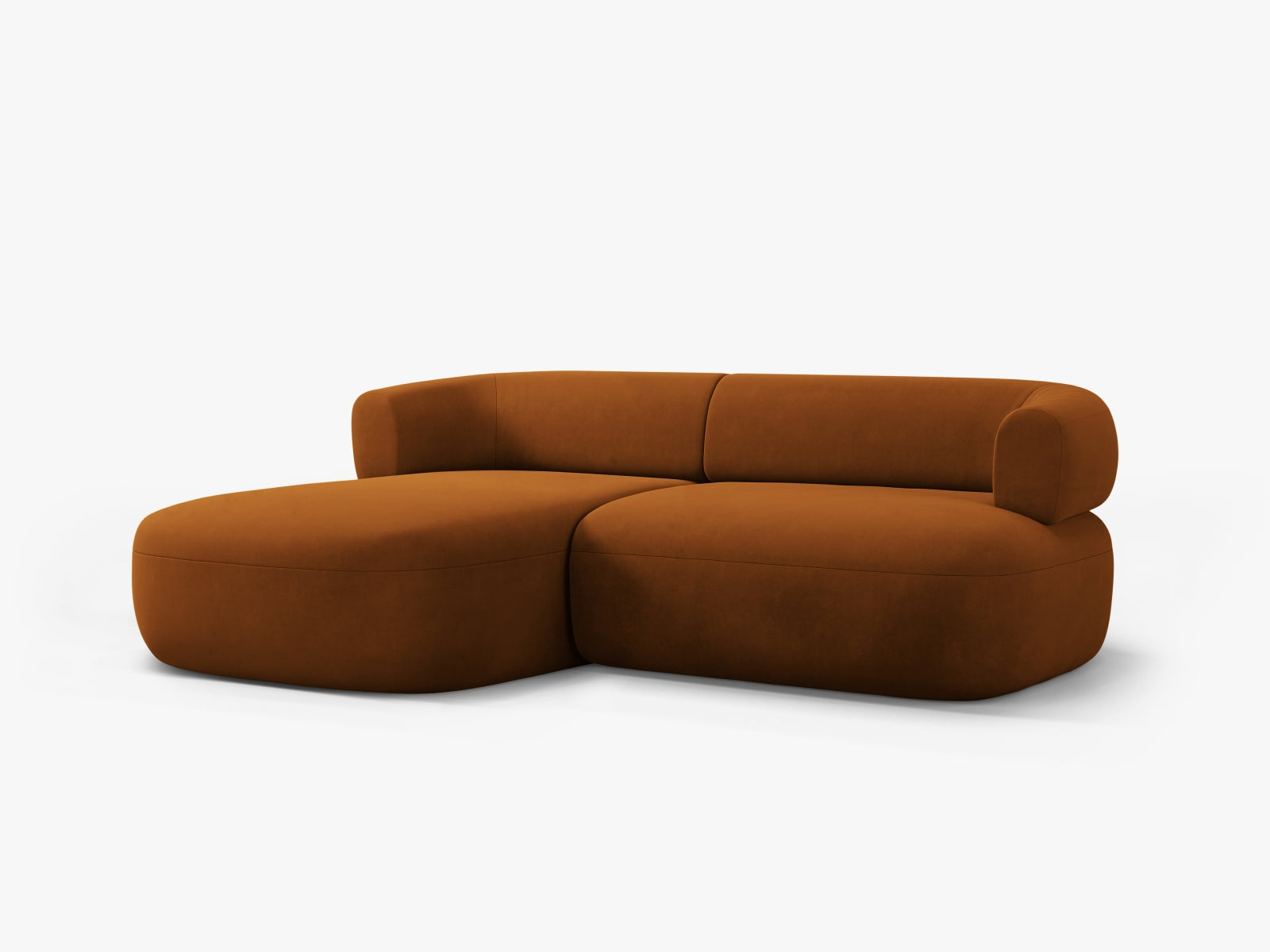 Elegantes 5-Sitzer Ecksofa Jenny in weichem Velours, linksseitig, in warmem Terracotta für stilvolle und einladende Wohnräume.