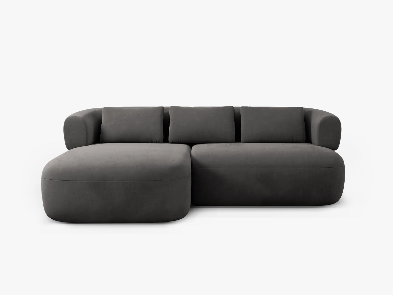 Elegantes 5-Sitzer Ecksofa Jenny in luxuriösem Dunkelgrau, linksseitig, gefertigt aus weichem Velours für stilvolle Wohnräume.