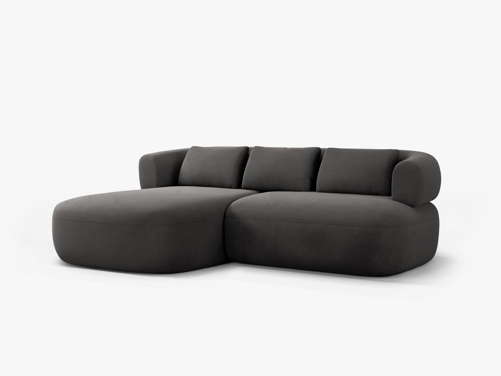 Modernes 5-Sitzer Ecksofa Jenny in edlem Dunkelgrau, linksseitig, aus hochwertigem Velours für ein gemütliches Ambiente.