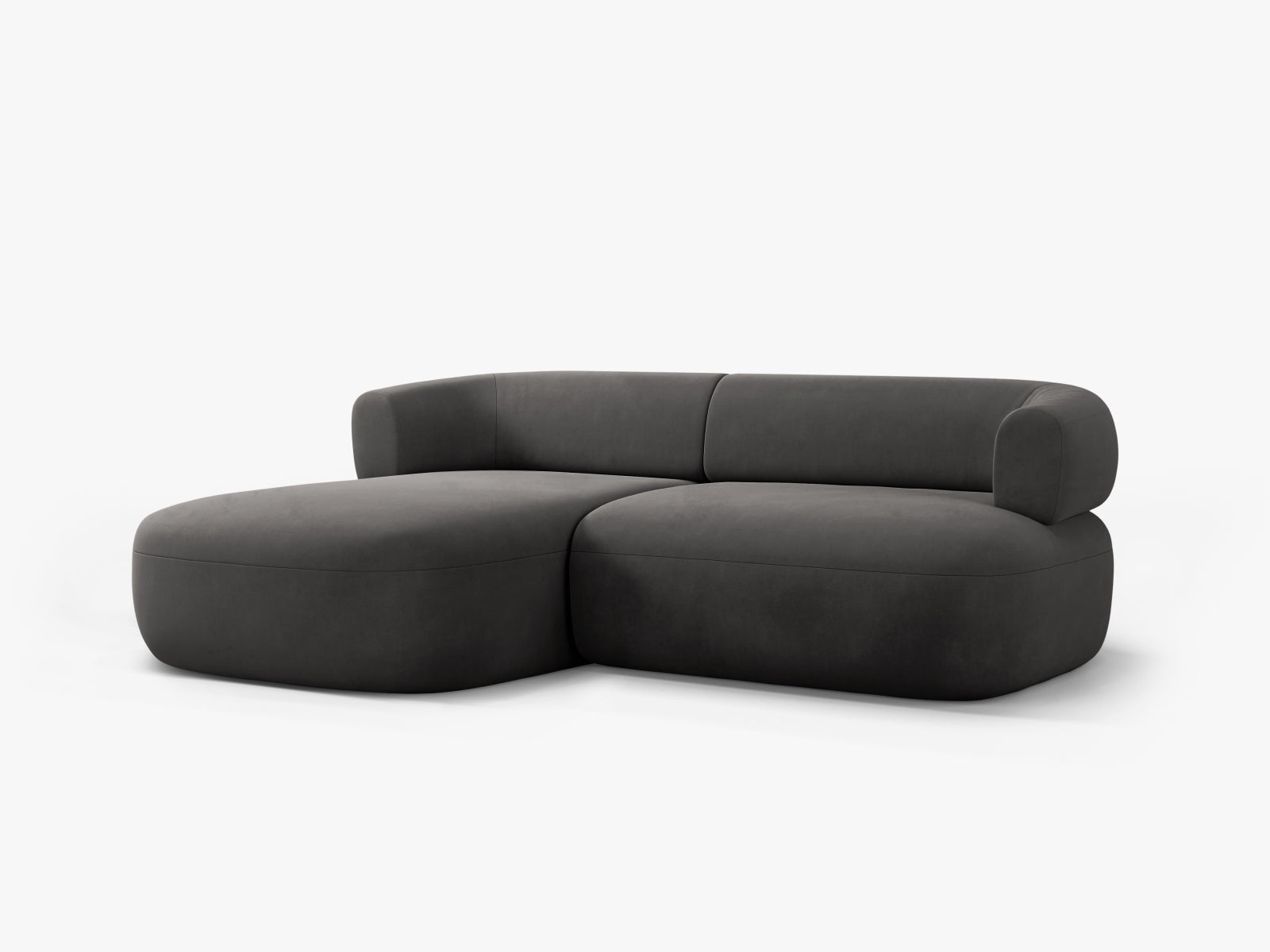 Elegantes 5-Sitzer Ecksofa Jenny in stilvollem Dunkelgrau, linksseitig, gefertigt aus luxuriösem Velours für ein einladendes Wohngefühl.