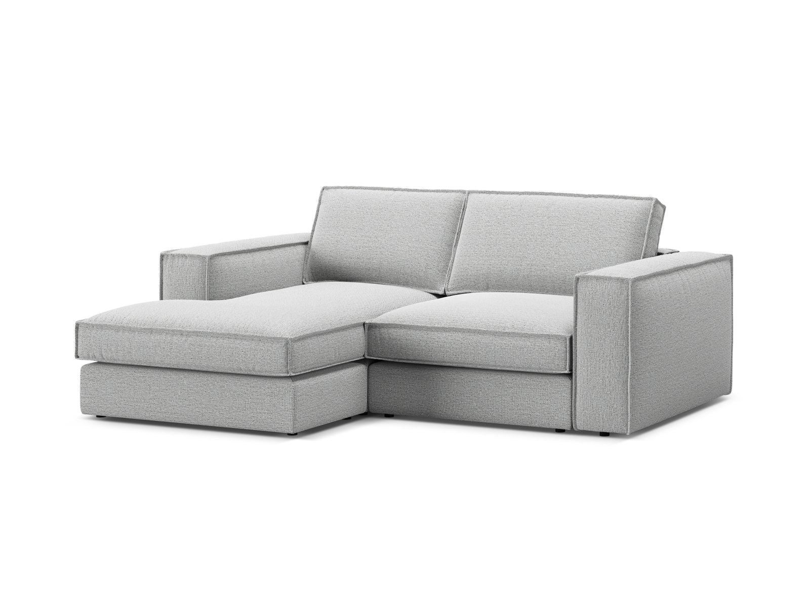 Modulares 2-Sitzer Ecksofa Pola in dezentem Grau, ideal für gemütliche Ecken, vereint Funktionalität und zeitgemäße Ästhetik.