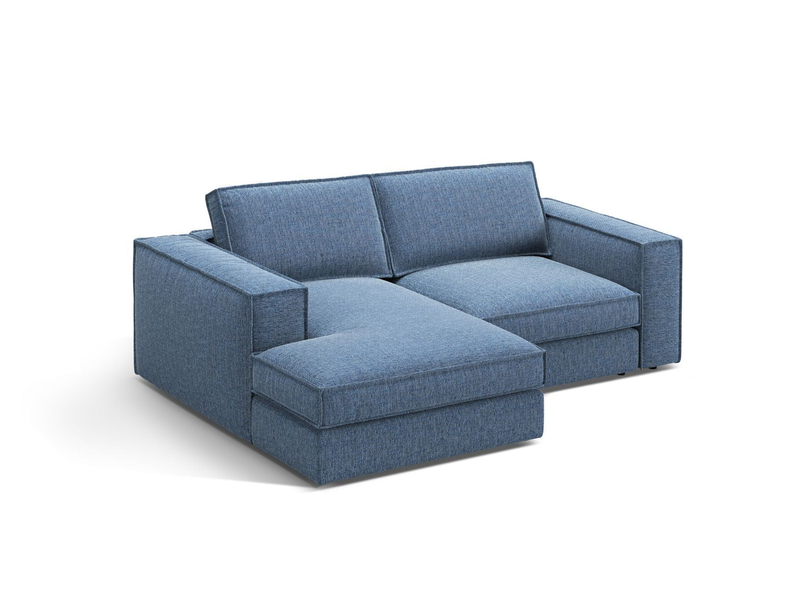 Modulares 2-Sitzer Ecksofa links Pola in elegantem Dunkelblau, ideal für stilvolle Wohnräume, präsentiert von Micadoni.