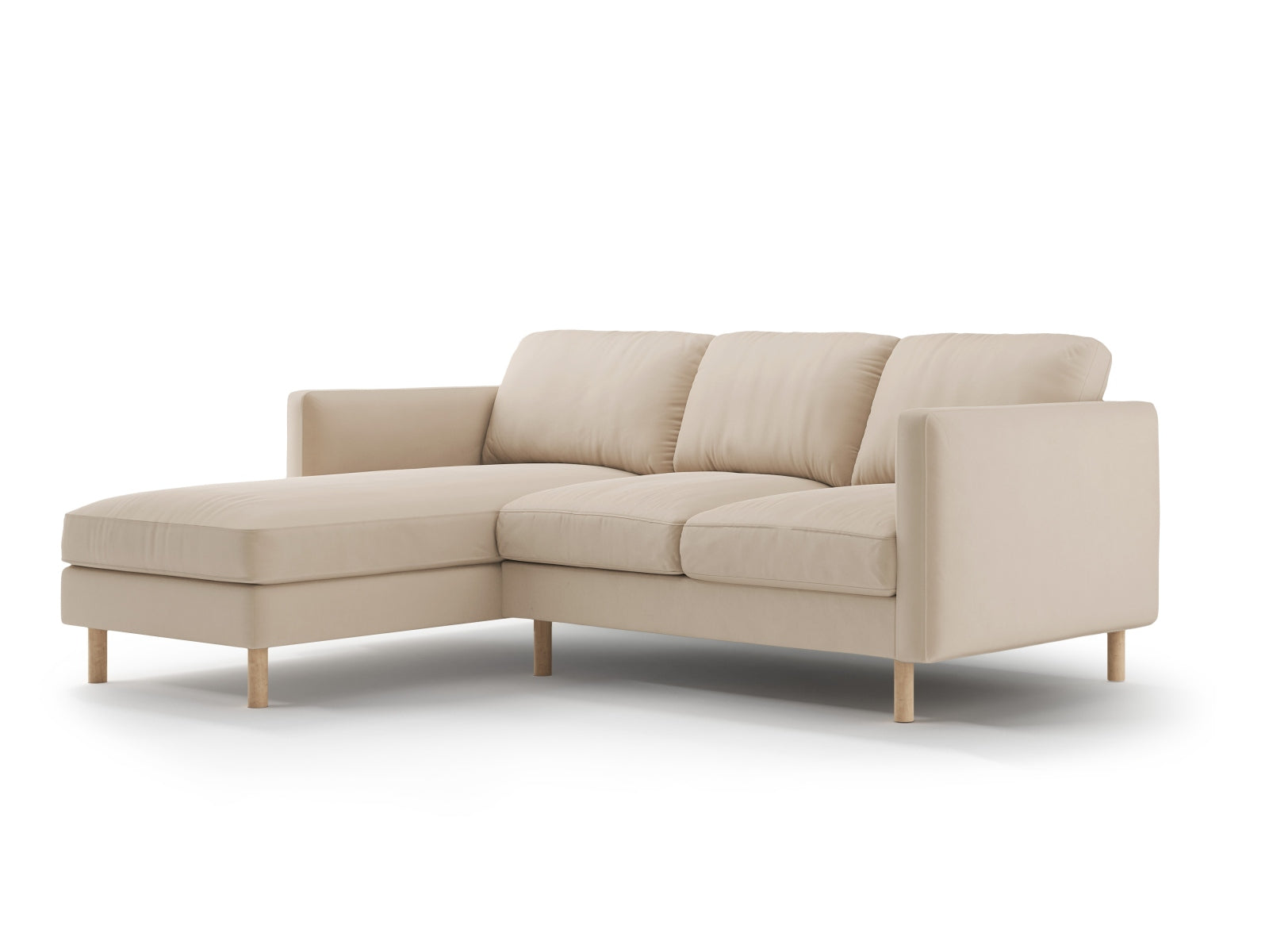 Stilvolles L-Sofa Eden Velour in sanftem Nude-Paris, perfekt für entspannte Stunden und moderne Wohnkonzepte.