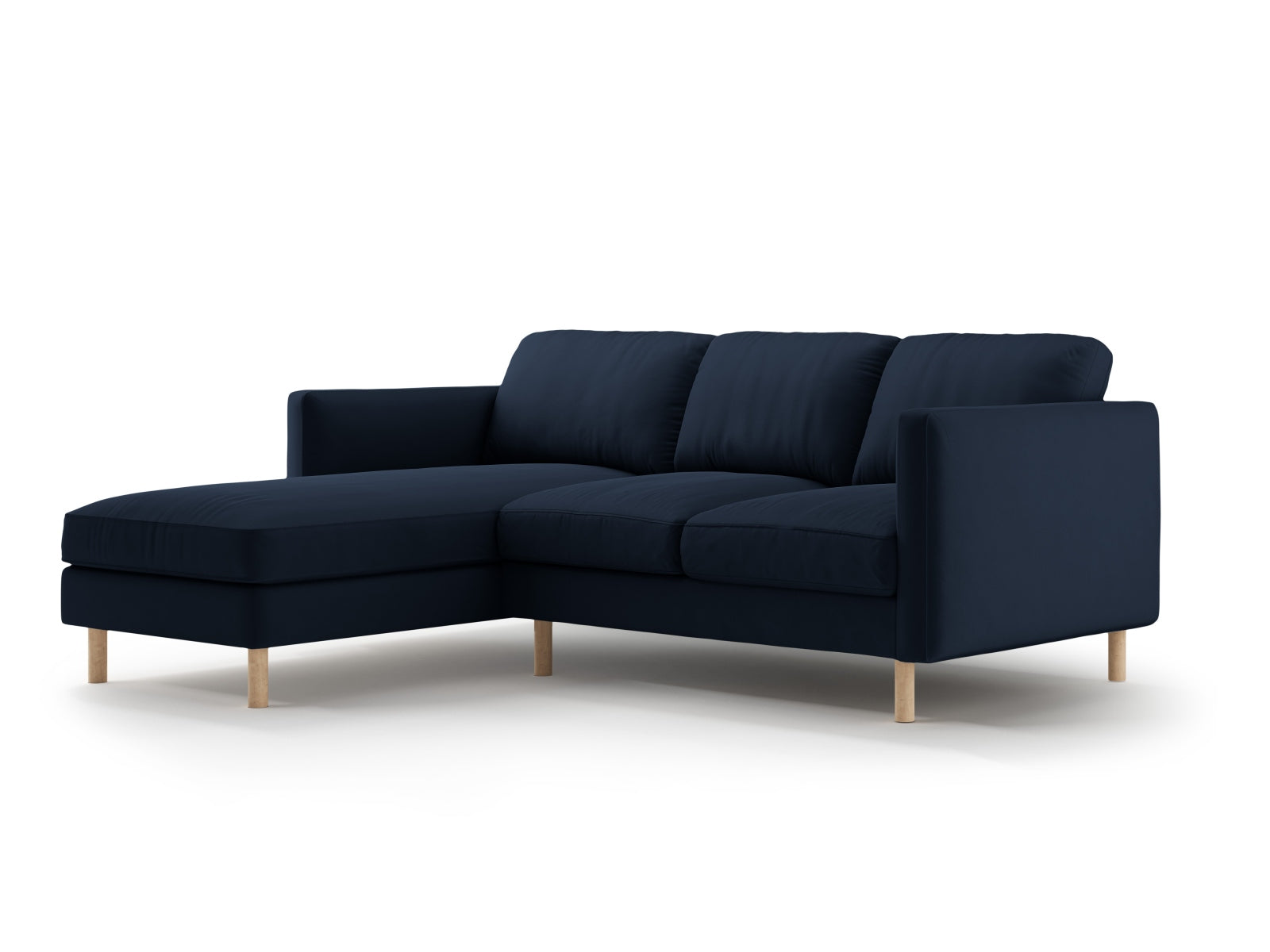 Luxuriöses linksseitiges 3-Sitzer Sofa Eden Velour in tiefem Blau, perfekt für moderne Wohnzimmer und entspannte Zusammenkünfte.