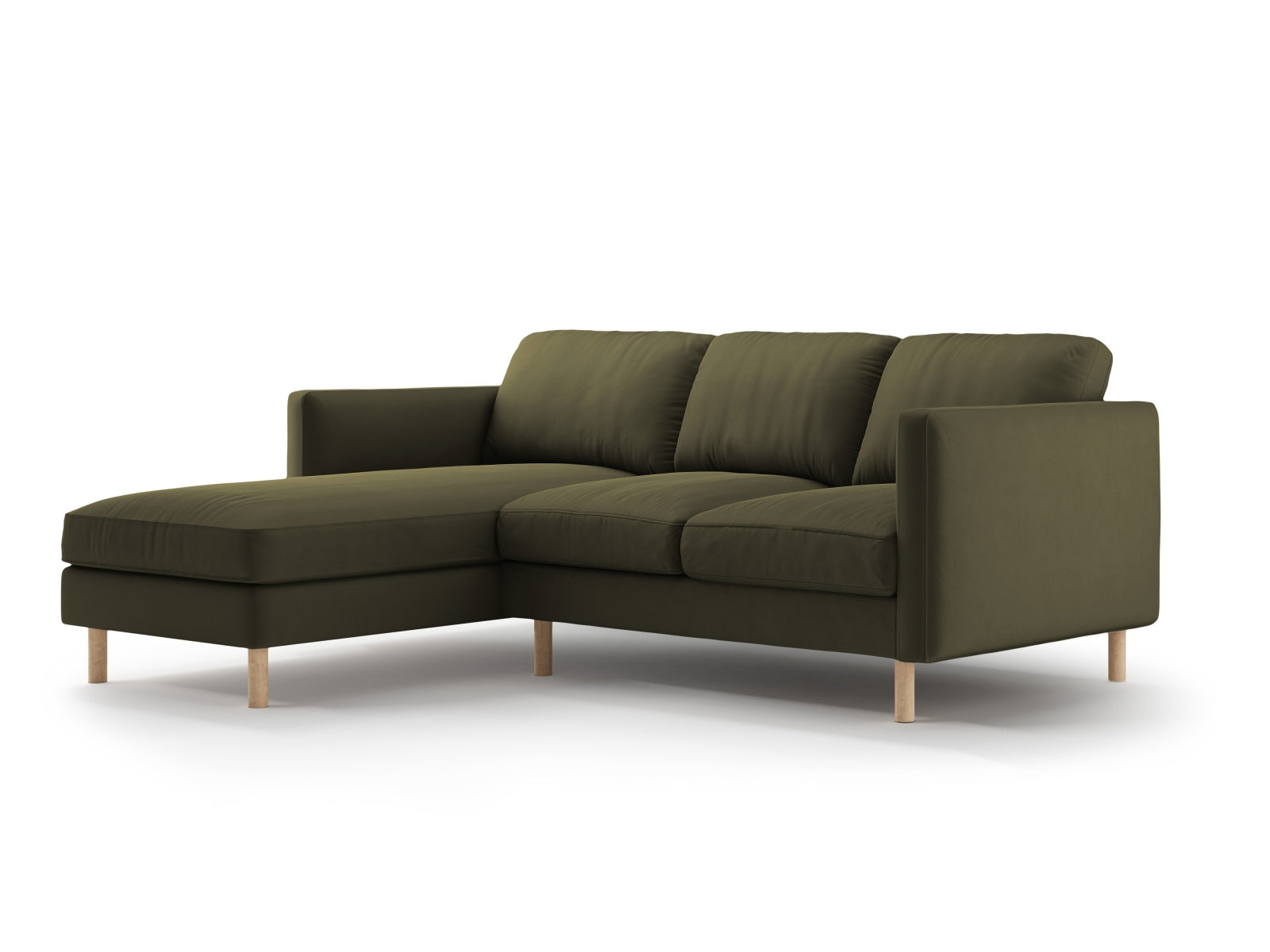 Modernes 3-Sitzer Ecksofa Eden Velour in moosgrün, perfekt für gemütliche Abende und stilvolle Einrichtungsideen.