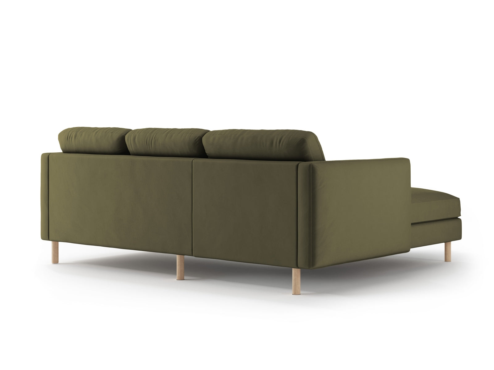 Elegantes L-Sofa Eden Velour in moosgrün, ideal für entspannte Stunden und geschmackvolle Wohnräume.