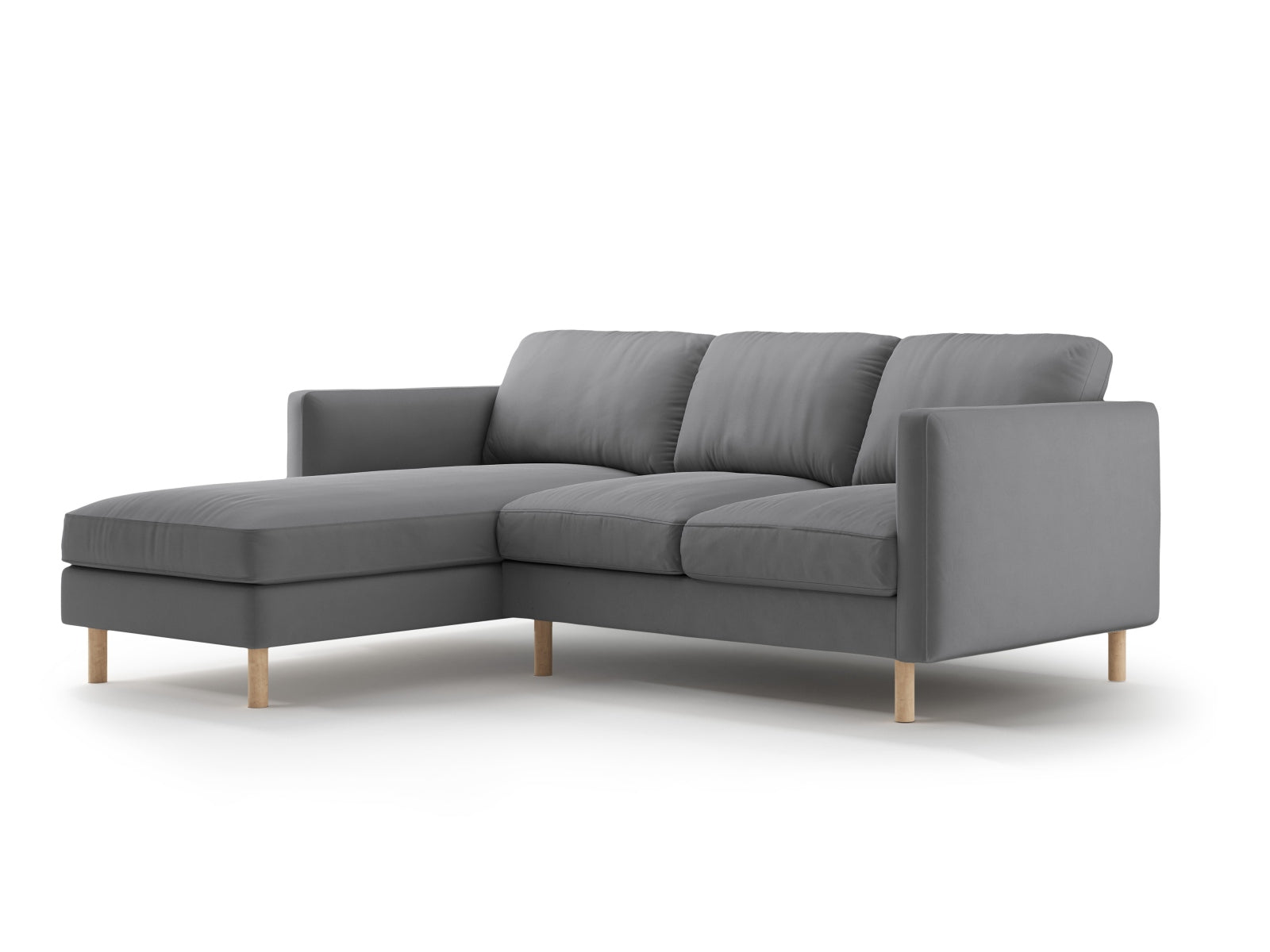 Stylisches L-Sofa Eden Velour in edlem Grau, linksseitig, perfekt für gemütliche und moderne Wohnambiente von Micadoni.