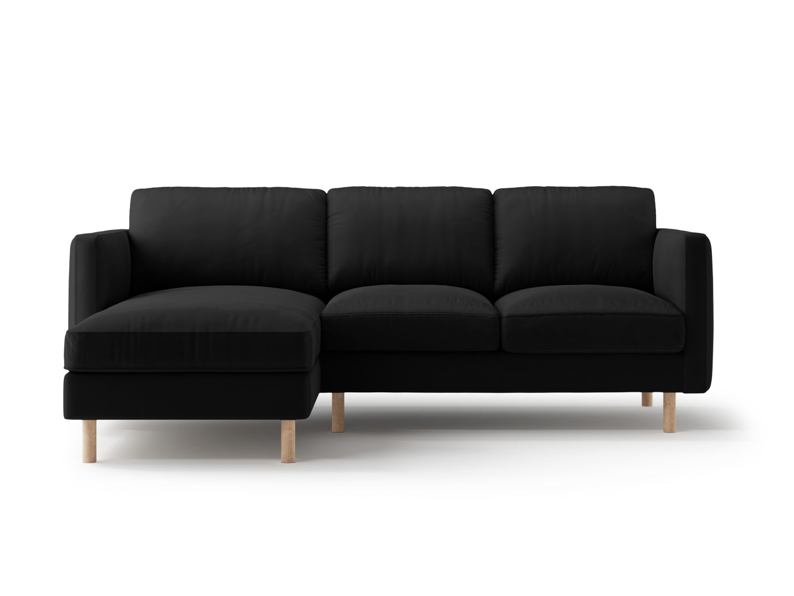 Elegantes 3-Sitzer Ecksofa Eden Velour in Schwarz, linksseitig, ideal für ein modernes und komfortables Wohnambiente.