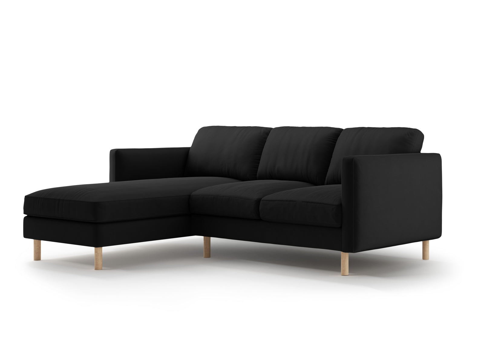 Stilvolles linksseitiges 3-Sitzer Sofa Eden Velour in edlem Schwarz, perfekt für zeitgemäße Wohnräume und gemütliche Abende.