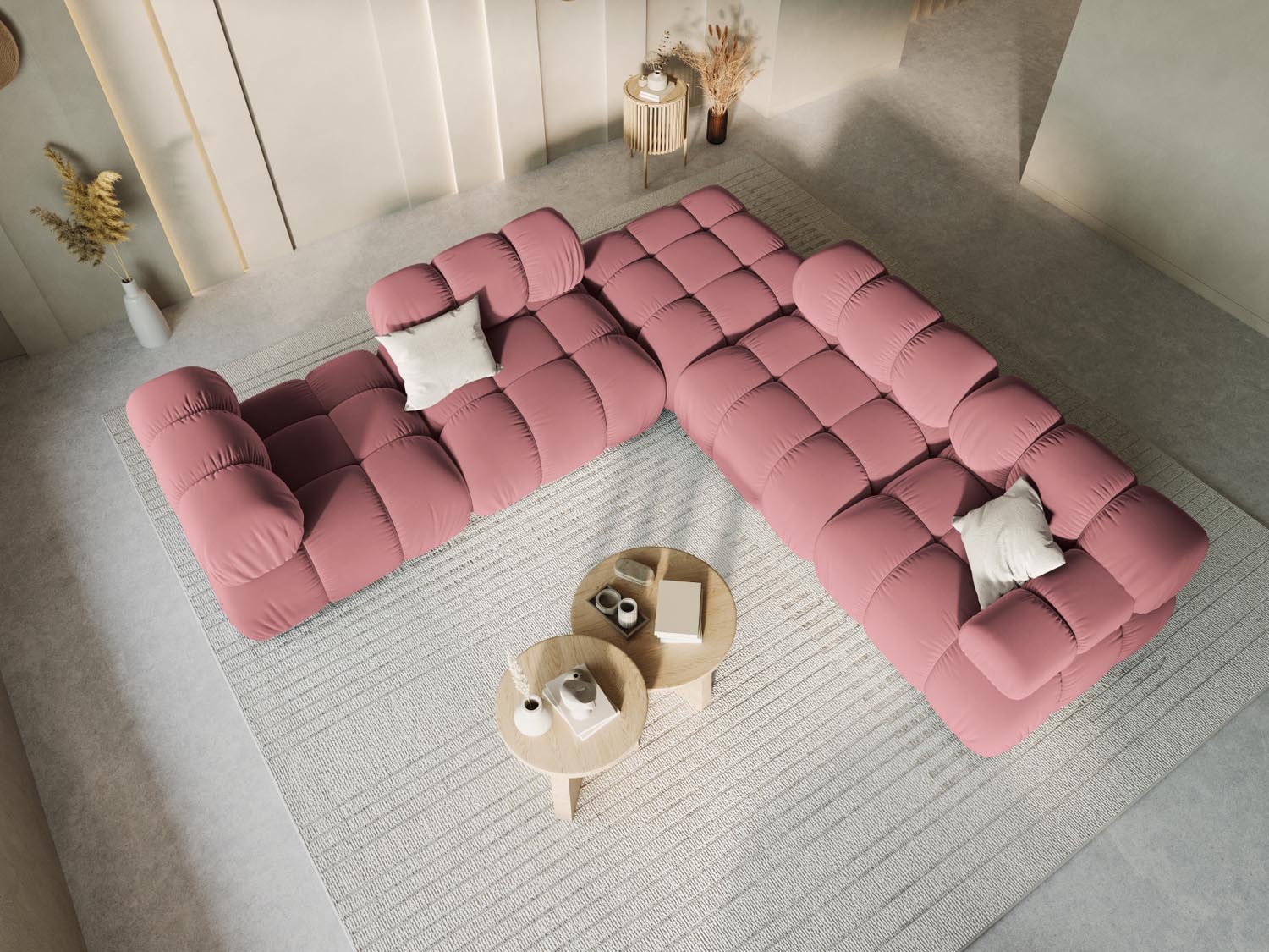 Eleganter Bellis Velour Pouf in sanften Pink- und Blautönen, ideal für stilvolle Akzente in jedem Raum. 94 cm Durchmesser, bequem und modern.