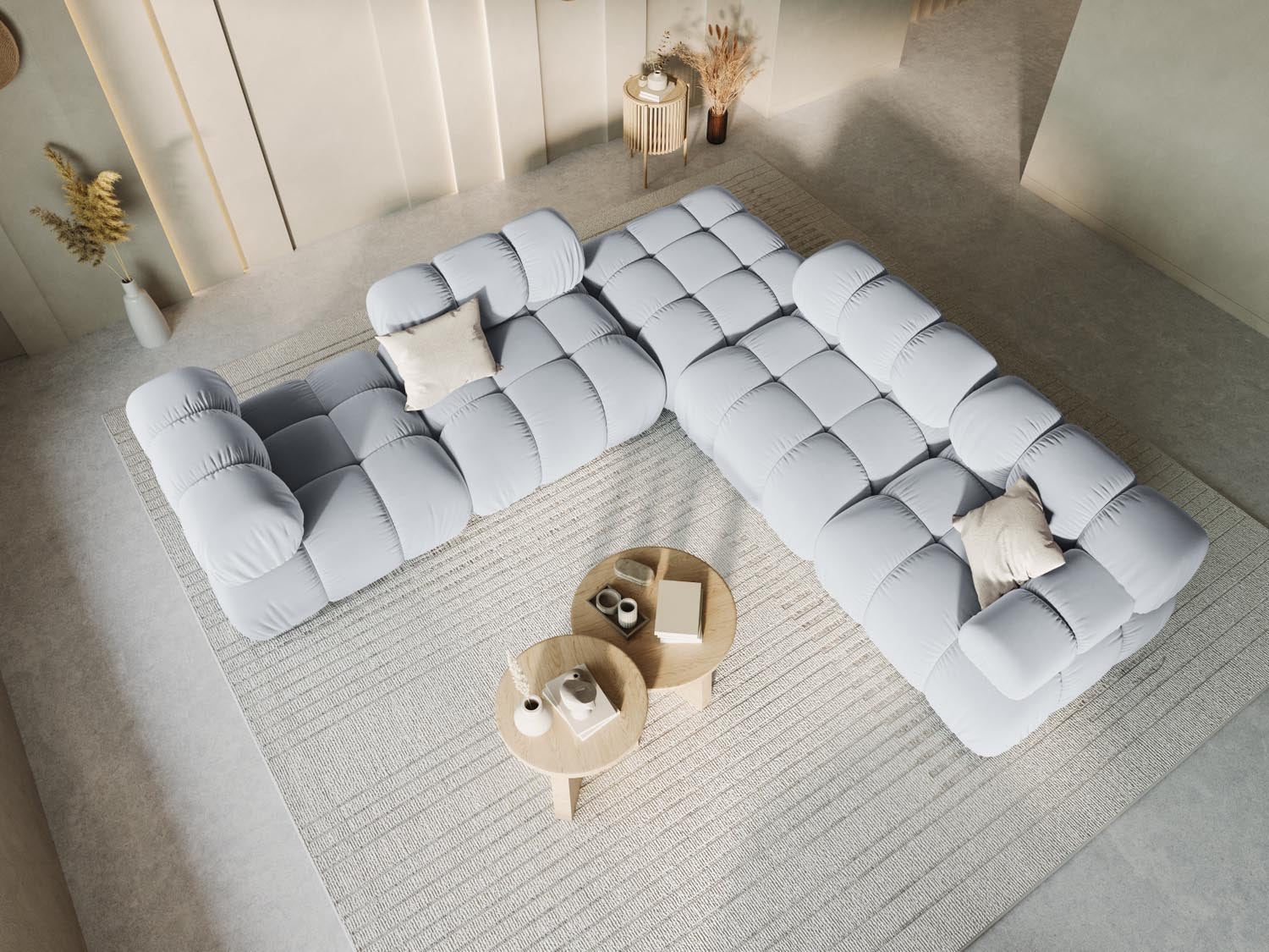 Eleganter Bellis Velour Pouf in sanftem Hellblau, ideal für stilvolle Akzente in jedem Raum. Perfekt für zusätzlichen Sitzkomfort.