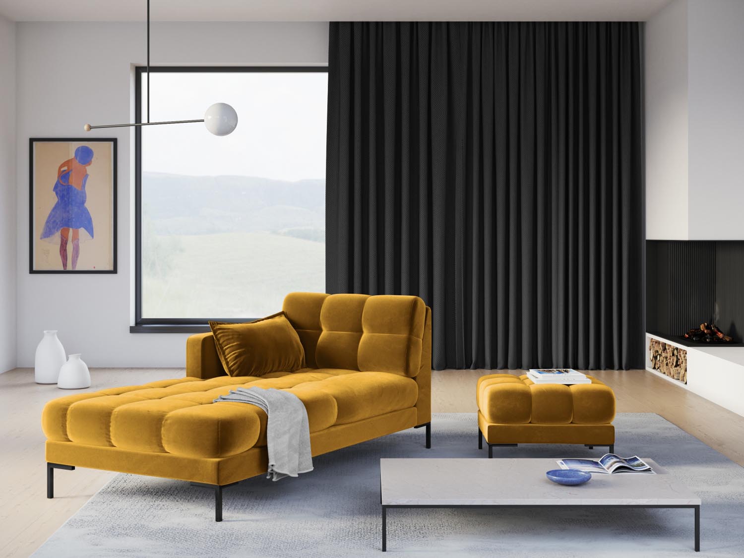 Stylischer Mamaia Velour Pouf in Gelb und Schwarz-Bluvel, ideal für jeden Wohnraum. Bequem und elegant, perfekt als Sitzgelegenheit.