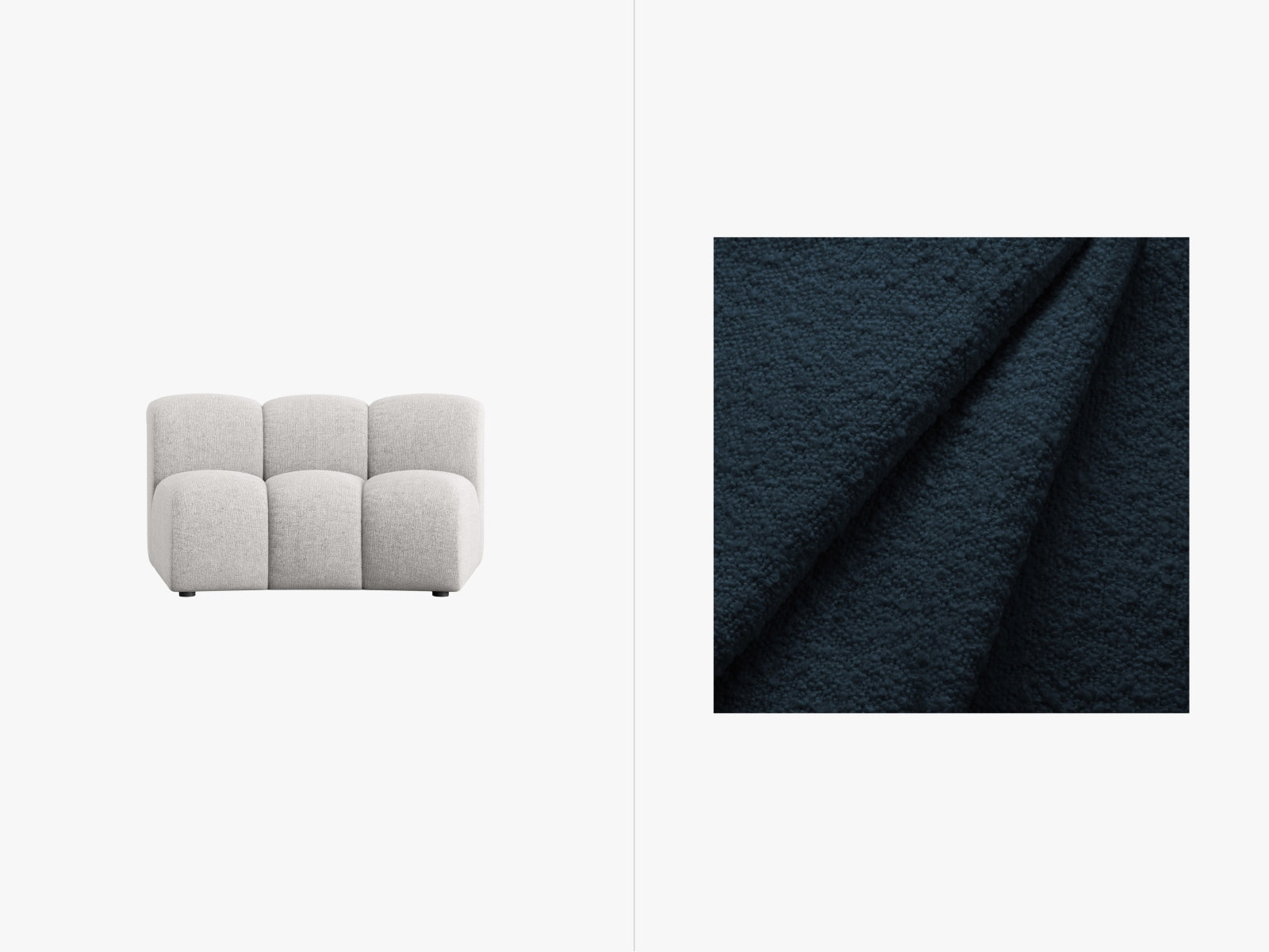 Stylischer, armless 1-Sitzer aus der Lupine-Serie in tiefem Blau, perfekt für kreative Sofa-Arrangements und modernes Wohndesign.
