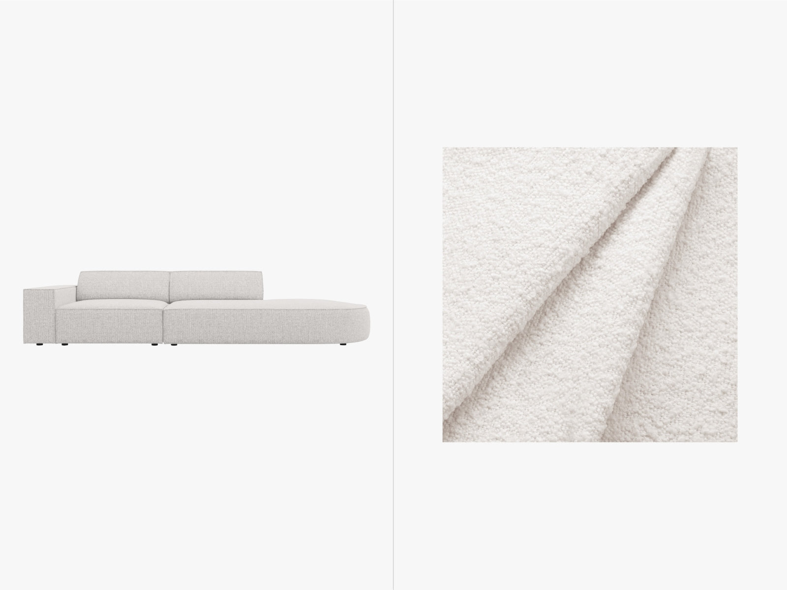 Erleben Sie das Jodie Boucle Sofa von Micadoni – ein modulares 3-Sitzer Sofa mit luxuriösem Design und offener rechter Seite für maximalen Komfort.