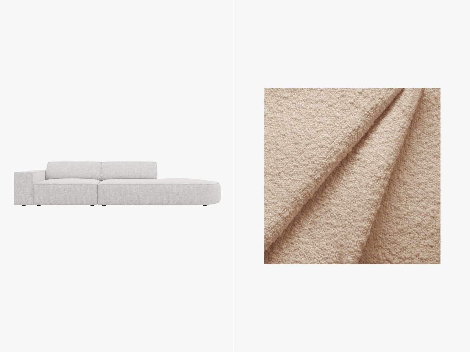 Erleben Sie das Jodie Boucle Sofa von Micadoni – ein modulares 3-Sitzer Sofa mit luxuriösem Design und offener rechter Seite für maximalen Komfort.