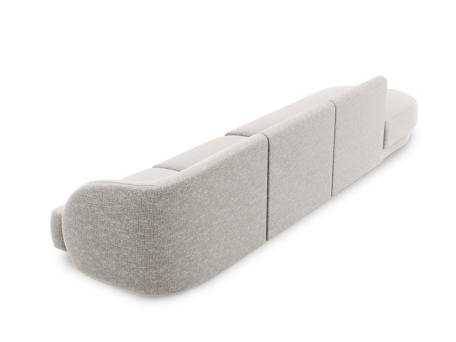 Modernes Miley L-Sofa links für 4 Personen in sanftem Grau, perfekt für gemütliche und stilvolle Wohnzimmergestaltung.