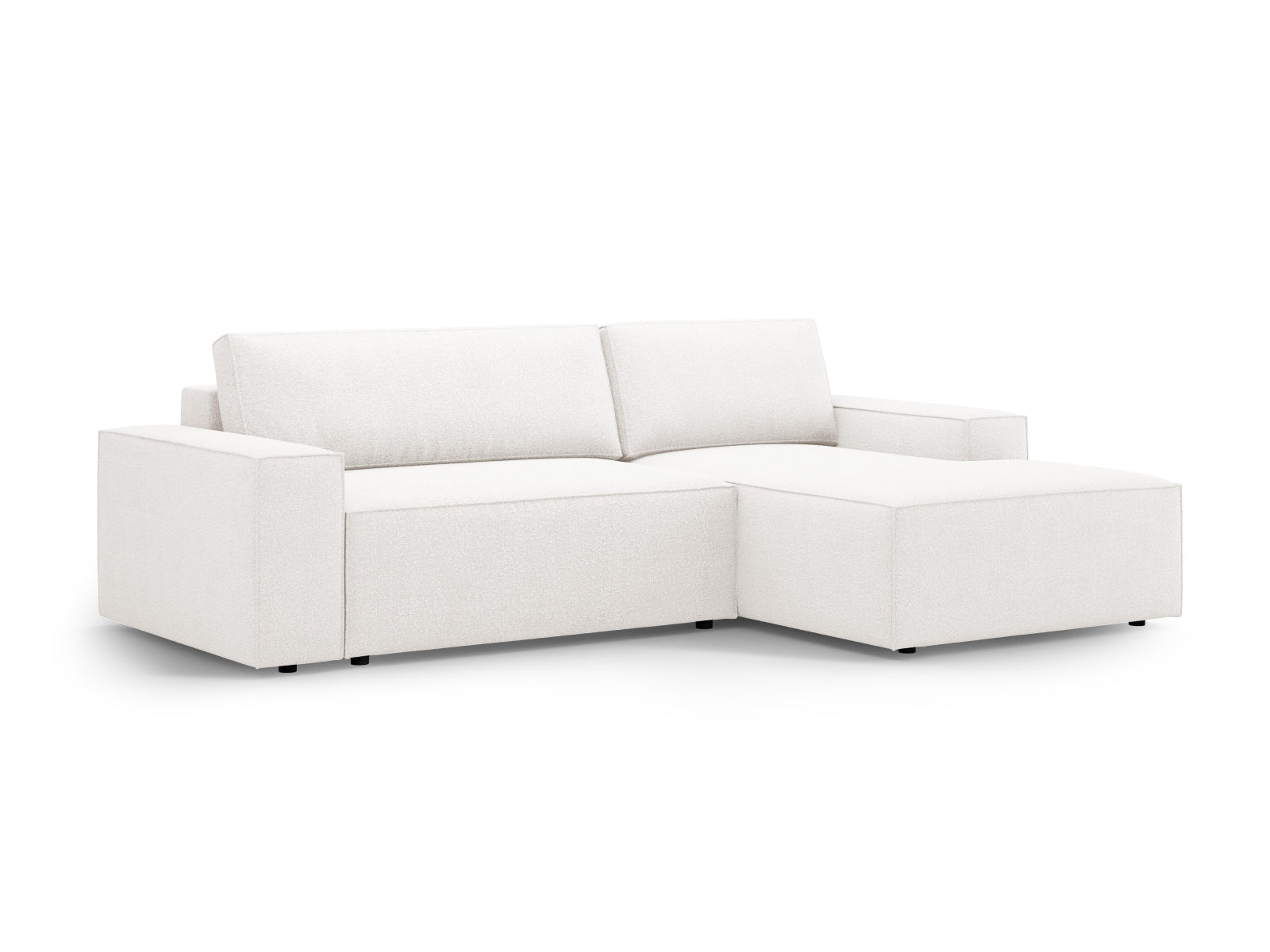 Erleben Sie das Jodie Boucle Ecksofa rechts von Micadoni – ein modernes 3-Sitzer Sofa mit innovativer Schlaffunktion und cleverem Stauraum für Ihr Wohnzimmer.