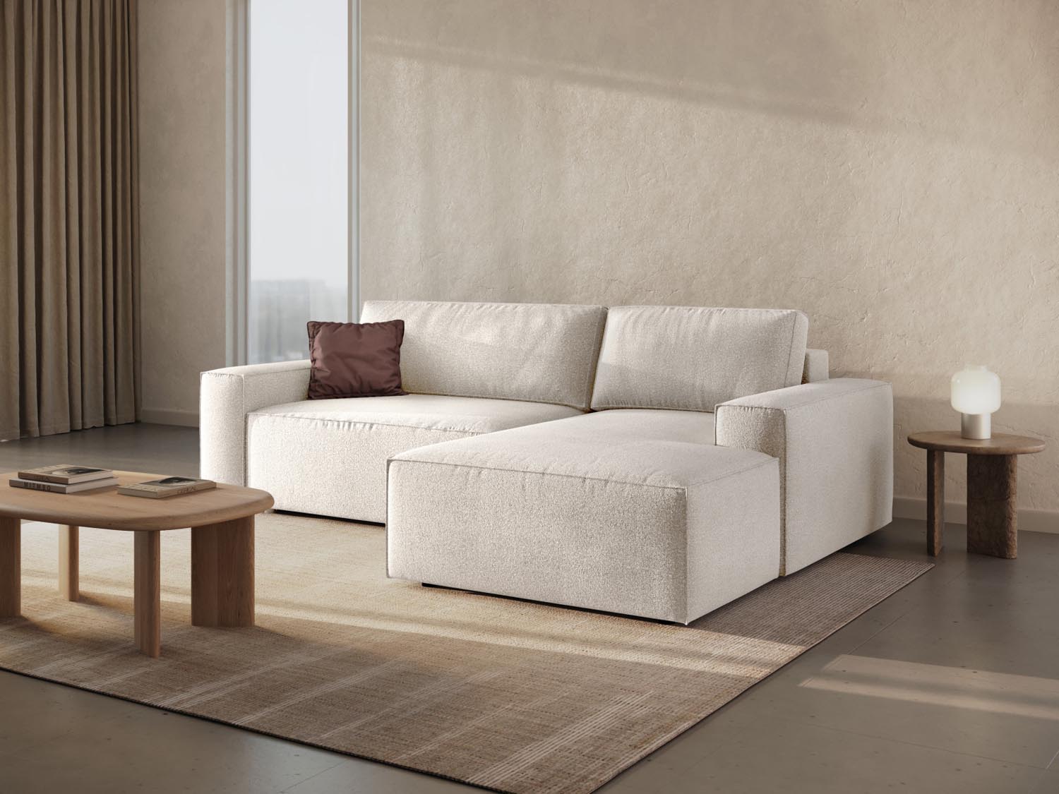 Entdecken Sie das stilvolle Jodie Boucle Ecksofa rechts von Micadoni – ein elegantes 3-Sitzer Sofa mit praktischer Schlaffunktion und Stauraum.