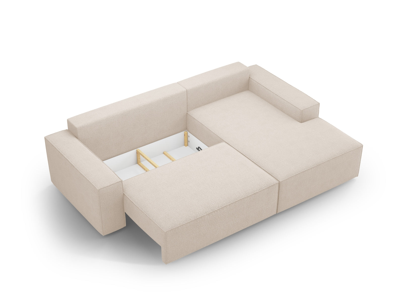 Erleben Sie das Jodie Boucle Ecksofa rechts von Micadoni – ein elegantes 3-Sitzer Sofa mit innovativer Schlaffunktion und praktischer Stauraumbox für mehr Komfort und Ordnung.