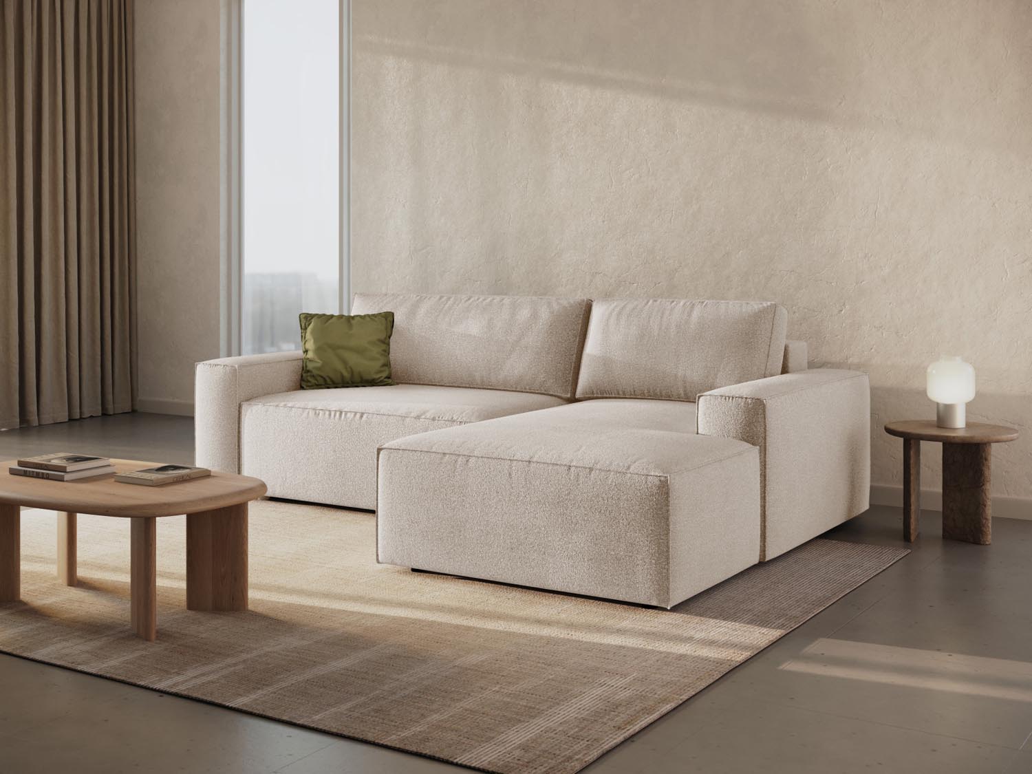 Entdecken Sie das stilvolle Jodie Boucle Ecksofa rechts von Micadoni – ein elegantes 3-Sitzer Sofa mit praktischer Schlaffunktion und Stauraum.