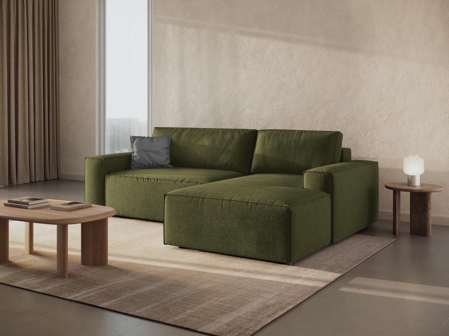 Entdecken Sie das stilvolle Jodie Boucle Ecksofa rechts mit Schlaffunktion und Stauraum. Ideal für Komfort und Ordnung in Ihrem Wohnzimmer!
