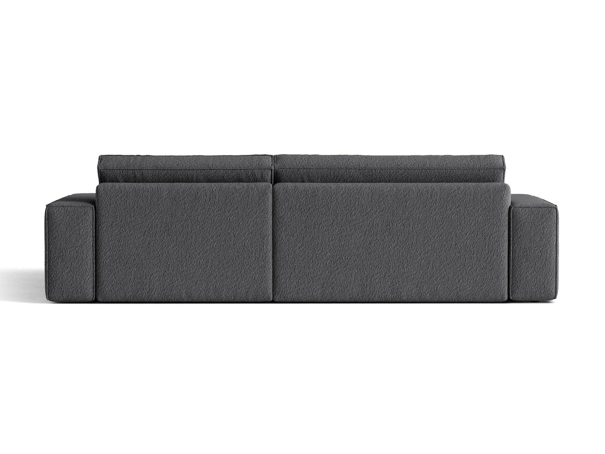 Braunes Ecksofa Jodie von Micadoni mit Bouclé-Stoffbezug, schwarzen Kunststoffbeinen und ausklappbarem Bettkasten, linke Ausrichtung.