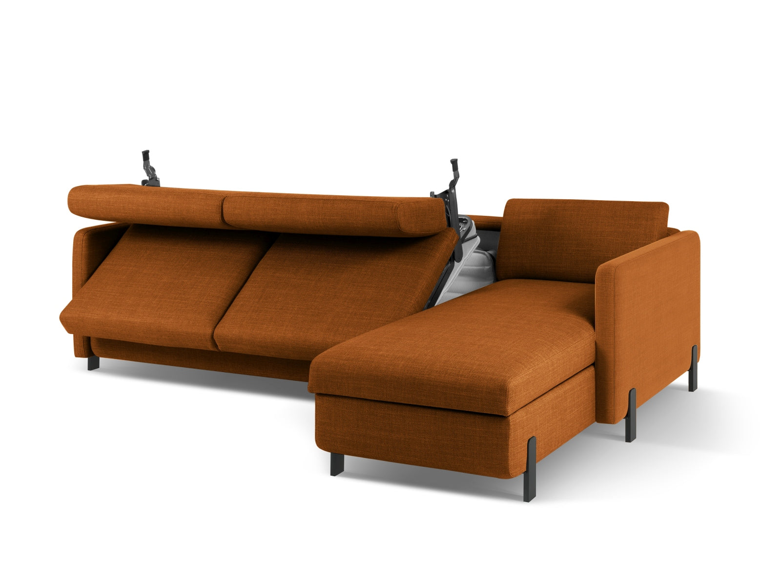 Stylisches Ecksofa Gloria rechts mit Schlaffunktion und Stauraum, perfekt für kleine Räume und entspannte Abende. 5-Sitzer in Brick-Bjorn.