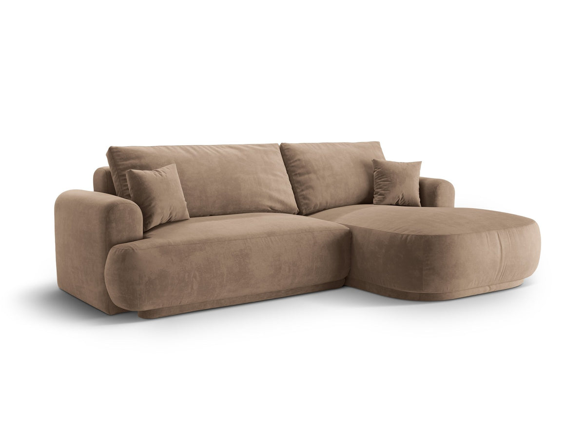 Ecksofa in Leichtes Beige mit Veloursbezug, ausgeklappter Bettfunktion, Stauraumfach und schwarzen Kunststoffbeinen von Micadoni.