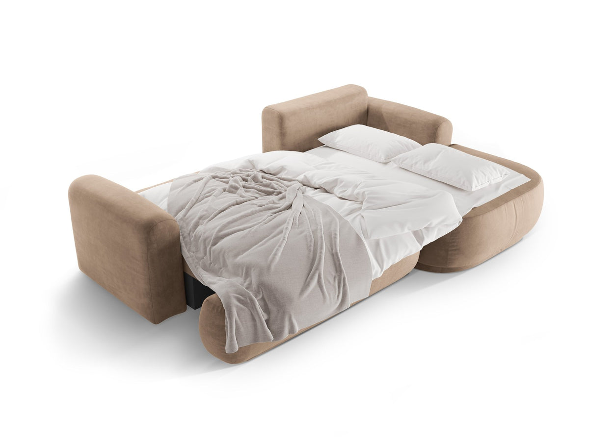 Ecksofa in Leichtes Beige mit Veloursbezug, ausgeklappter Bettfunktion, Stauraumfach und schwarzen Kunststoffbeinen von Micadoni.