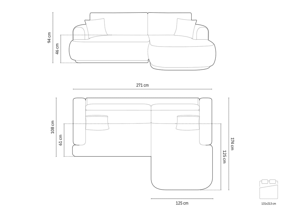 Ecksofa in Leichtes Beige mit Veloursbezug, ausgeklappter Bettfunktion, Stauraumfach und schwarzen Kunststoffbeinen von Micadoni.