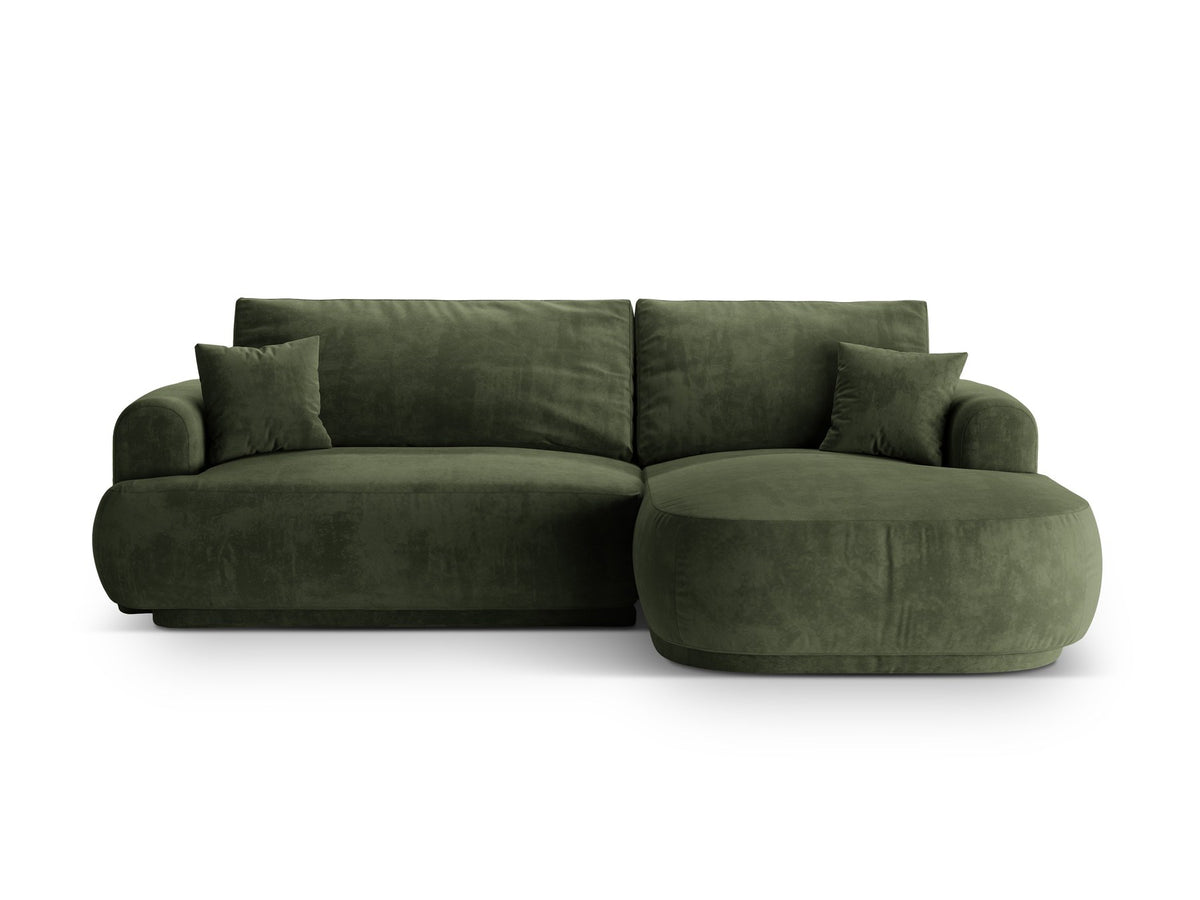 Ecksofa in Leichtes Beige mit Veloursbezug, ausgeklappter Bettfunktion, Stauraumfach und schwarzen Kunststoffbeinen von Micadoni.