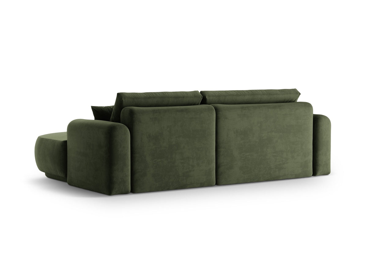 Ecksofa in Leichtes Beige mit Veloursbezug, ausgeklappter Bettfunktion, Stauraumfach und schwarzen Kunststoffbeinen von Micadoni.