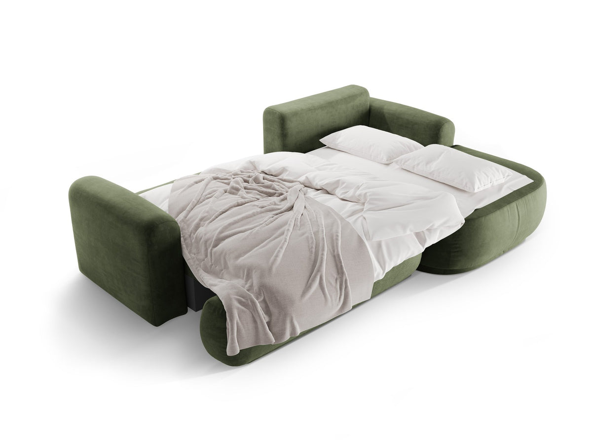 Ecksofa in Leichtes Beige mit Veloursbezug, ausgeklappter Bettfunktion, Stauraumfach und schwarzen Kunststoffbeinen von Micadoni.
