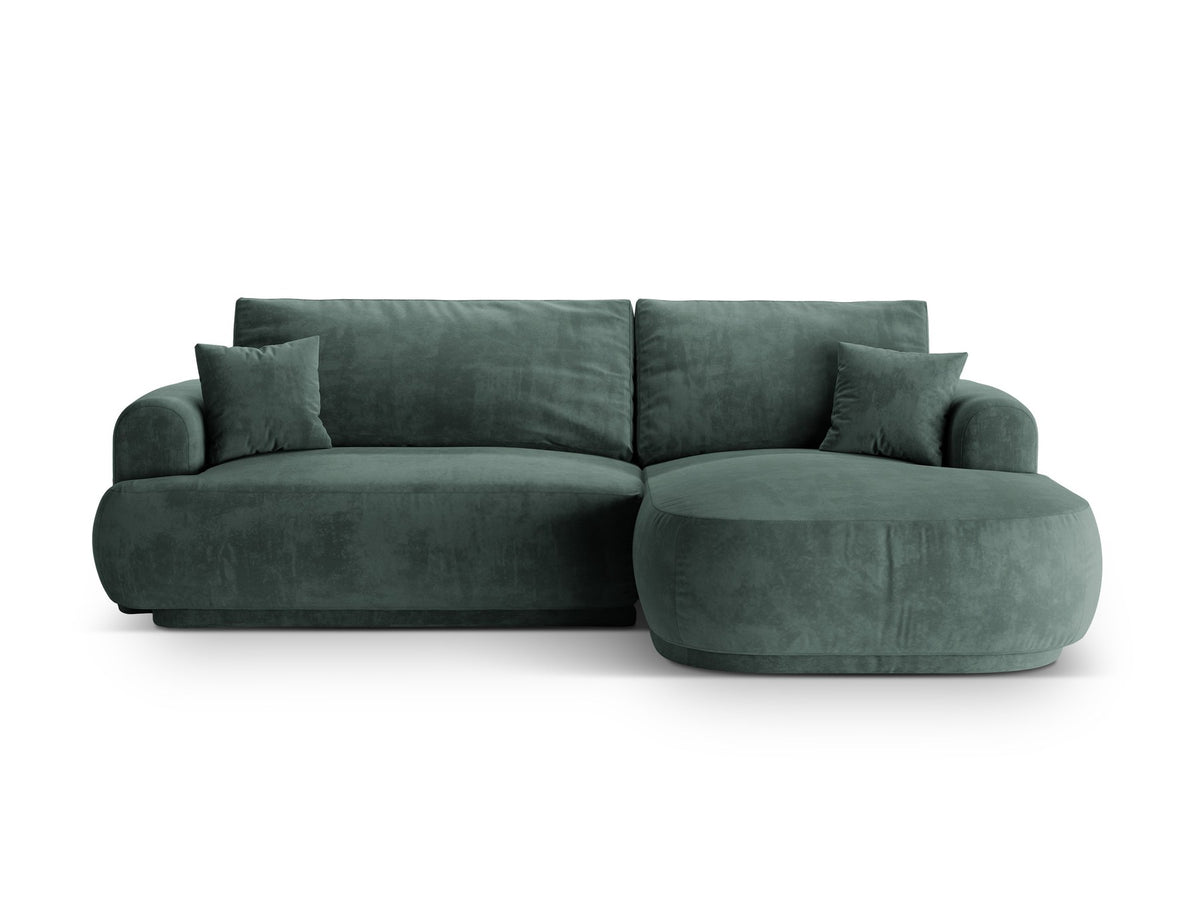 Ecksofa in Leichtes Beige mit Veloursbezug, ausgeklappter Bettfunktion, Stauraumfach und schwarzen Kunststoffbeinen von Micadoni.