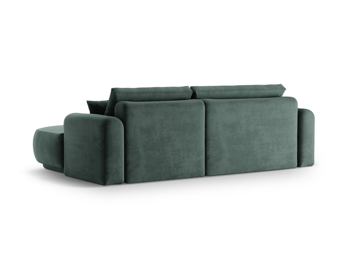 Ecksofa in Leichtes Beige mit Veloursbezug, ausgeklappter Bettfunktion, Stauraumfach und schwarzen Kunststoffbeinen von Micadoni.