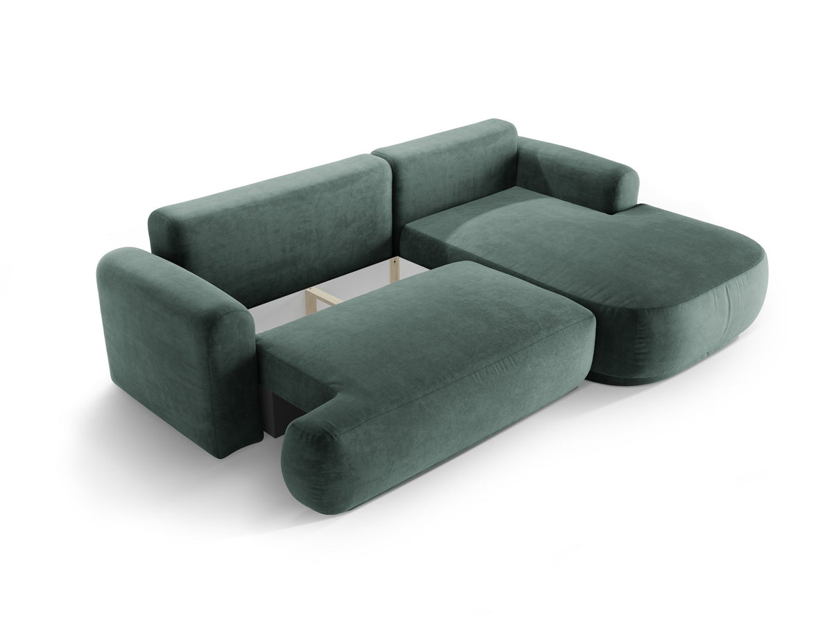 Ecksofa in Leichtes Beige mit Veloursbezug, ausgeklappter Bettfunktion, Stauraumfach und schwarzen Kunststoffbeinen von Micadoni.