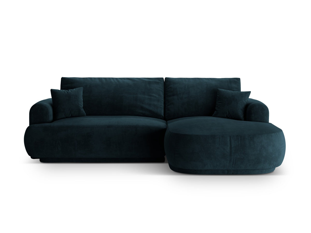 Ecksofa in Leichtes Beige mit Veloursbezug, ausgeklappter Bettfunktion, Stauraumfach und schwarzen Kunststoffbeinen von Micadoni.