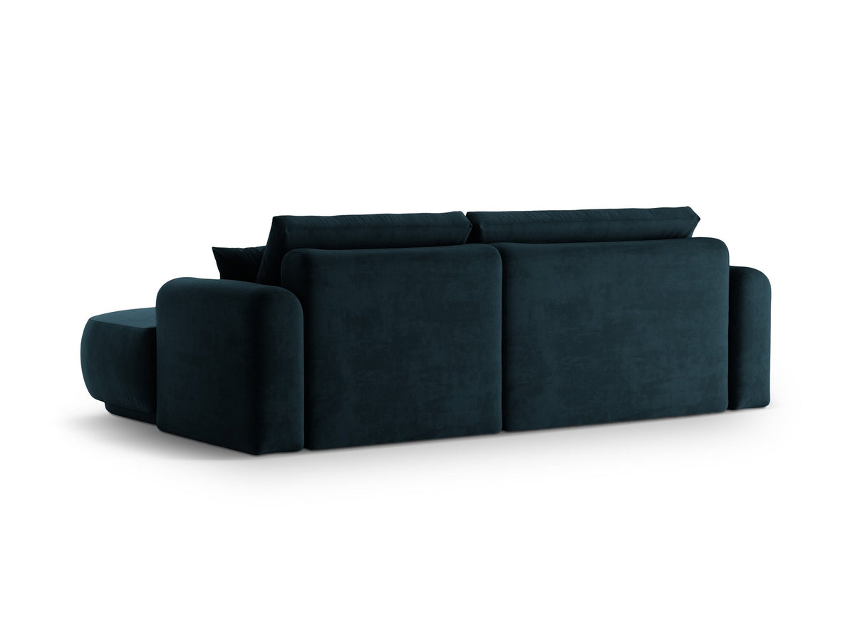 Ecksofa in Leichtes Beige mit Veloursbezug, ausgeklappter Bettfunktion, Stauraumfach und schwarzen Kunststoffbeinen von Micadoni.