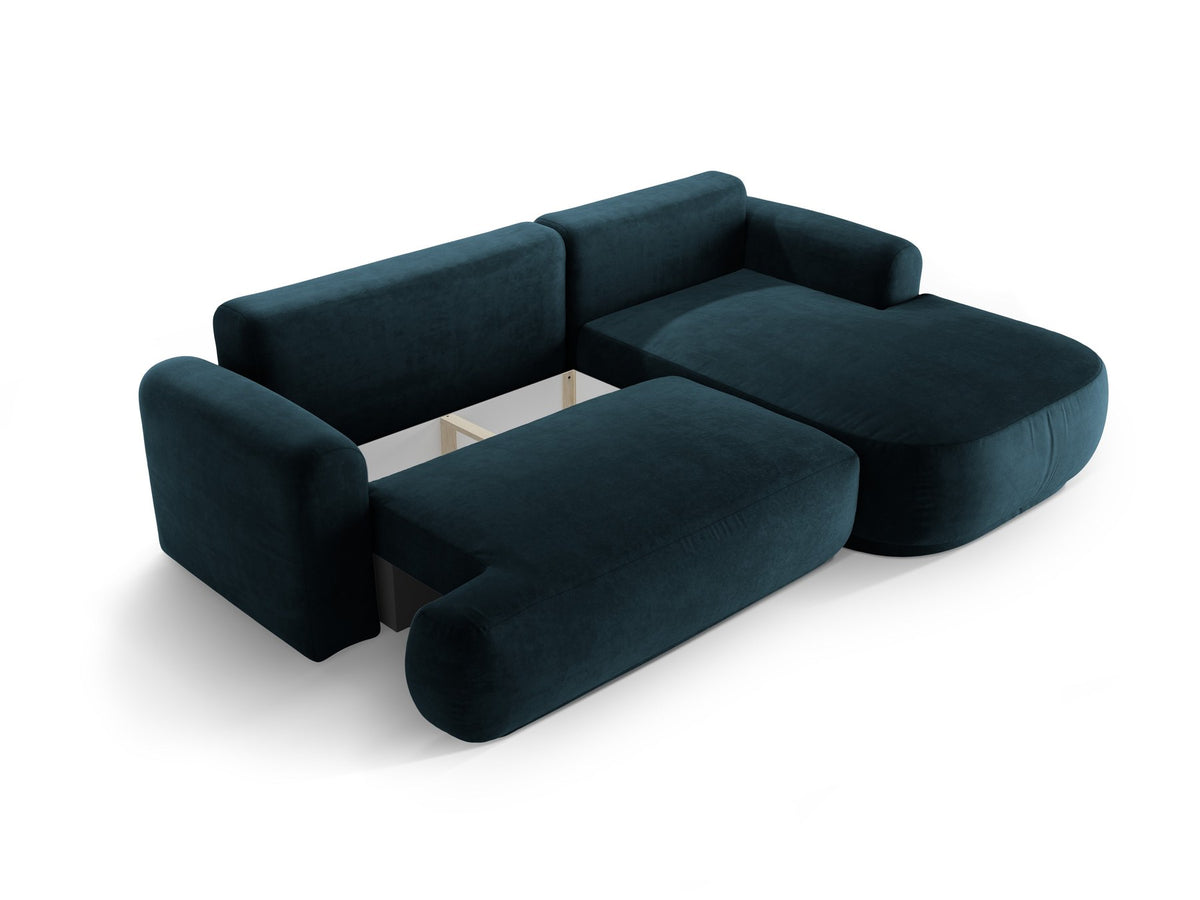 Ecksofa in Leichtes Beige mit Veloursbezug, ausgeklappter Bettfunktion, Stauraumfach und schwarzen Kunststoffbeinen von Micadoni.