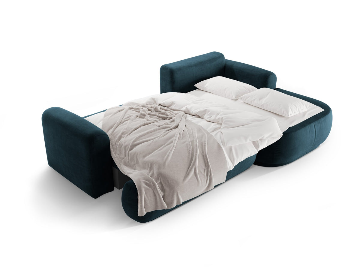 Ecksofa in Leichtes Beige mit Veloursbezug, ausgeklappter Bettfunktion, Stauraumfach und schwarzen Kunststoffbeinen von Micadoni.