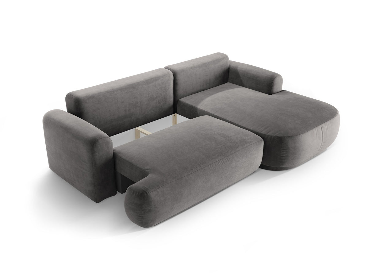 Ecksofa in Leichtes Beige mit Veloursbezug, ausgeklappter Bettfunktion, Stauraumfach und schwarzen Kunststoffbeinen von Micadoni.